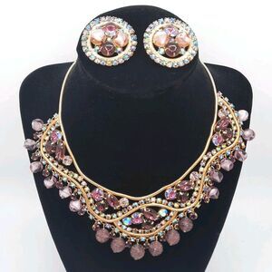 Vtg SIGNED HOBE Amethyst/Gold Necklace/Clip on Earrings Purple Glass Bead Set